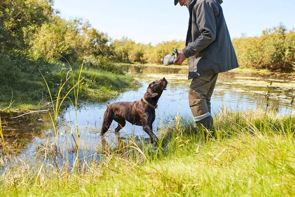 Cazador de patos en el lago con perro — Foto de Stock