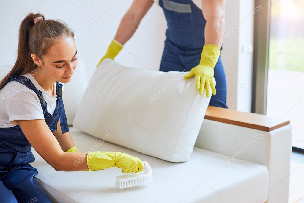 Portrait of woman cleaning leather sofa with brush in living room