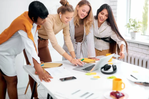 Happy positive coworking of women only in office — Stock Photo, Image