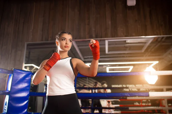 Kendinden emin genç kadın boksör eğitimi — Stok fotoğraf