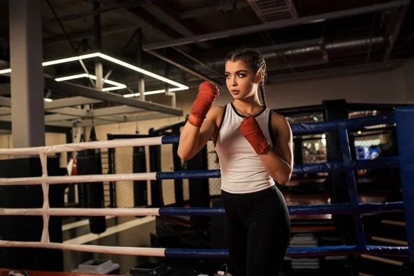 Strong female boxer in ring — 스톡 사진