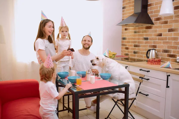 Χαρούμενα γενέθλια Αστείος σκύλος και προσεκτικοί ιδιοκτήτες στην κουζίνα — Φωτογραφία Αρχείου