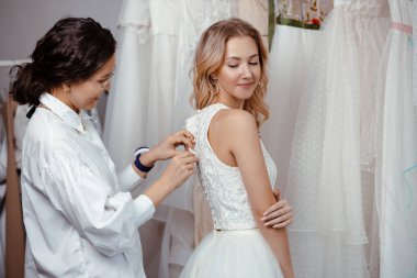 happy caucasian bride in salon clipart