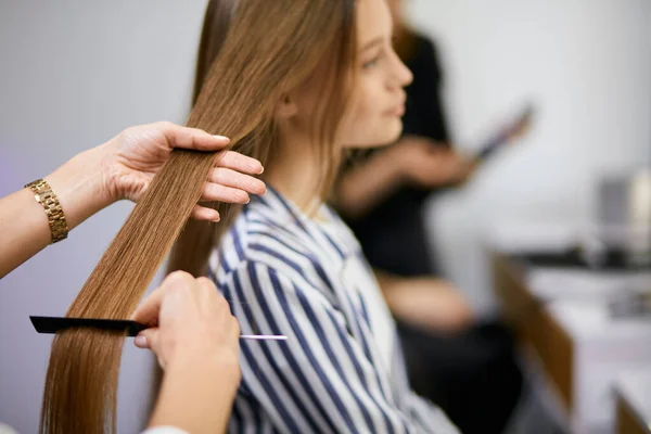 Primo piano del parrucchiere pettinatura clienti capelli — Foto Stock