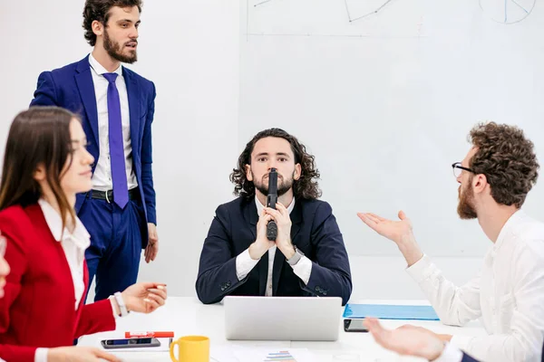 Young business man want to commit suicide in meeting office — Stock Photo, Image