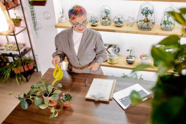 Modern yaşlı iş kadınlarının çiçekleri sulamasının en iyi görüşü