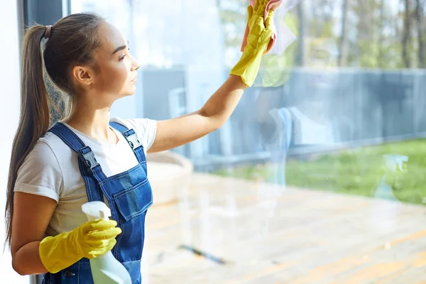 Portrait of young woman cleaning windows in cottage — ストック写真