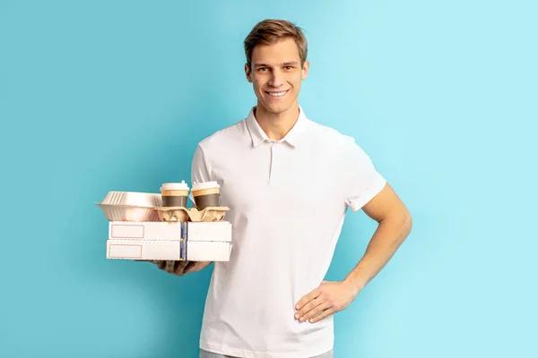 beautiful handsome courier man in white t-shirt