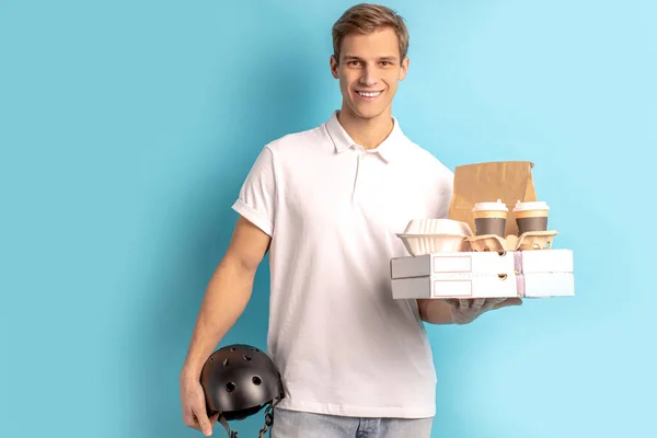 beautiful handsome delivery man in white t-shirt