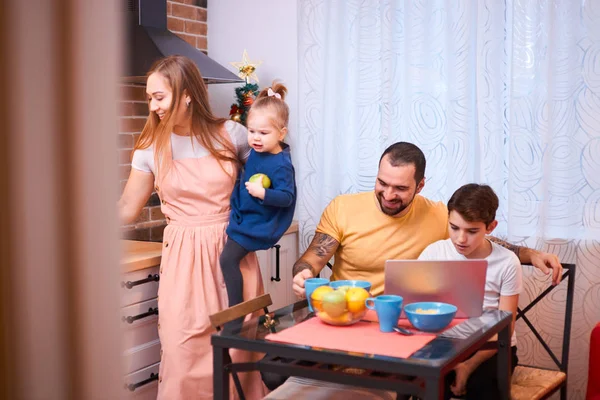 At morning. caucasian family have breakfast — 스톡 사진