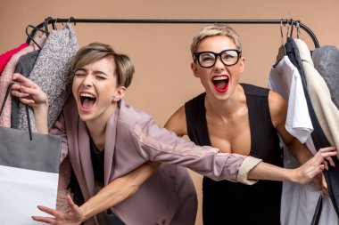 İki çekici kız son moda bir elbise için kavga ediyor.