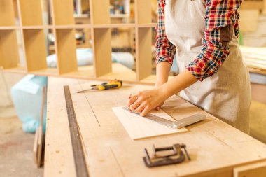 çekici marangoz bayan iş sırasında çizimlerle ilgilenir.