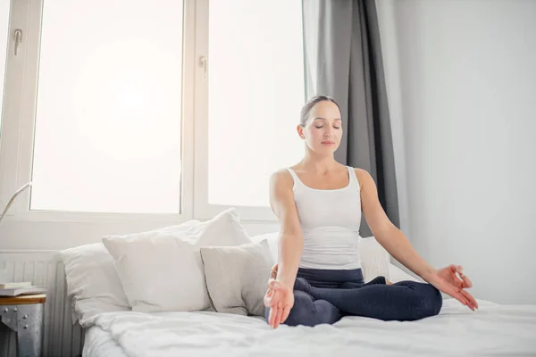 Calm woman practice yoga at home — Stock Photo, Image