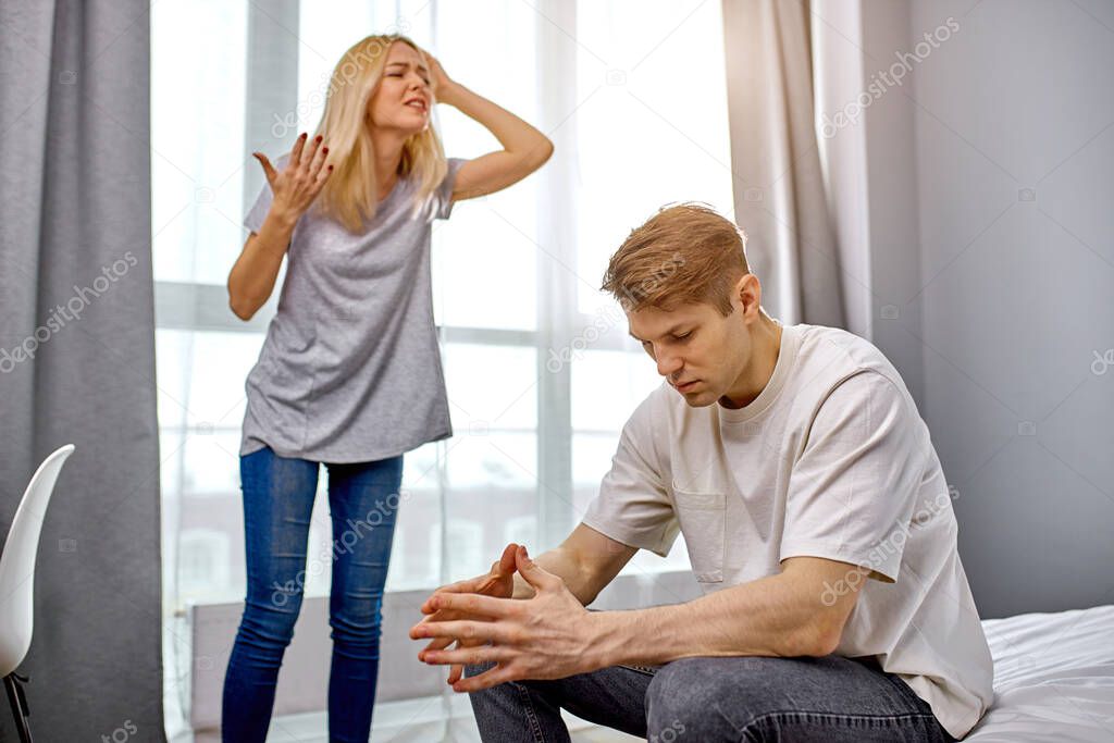 offended married couple arguing, scream at each other
