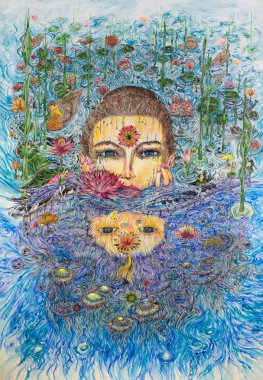 An asian female expressing silence, with her lips and ears underwater, a piano wave with ballet dancers, music notes between water ripples, sealife and spiritual lotus flowers