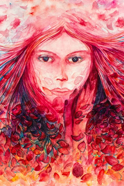 Akvarell Festés Egy Női Arc Alakja Egy Szirmok Virágszirmok Úszó — Stock Fotó