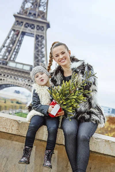Mãe e criança com árvore de Natal se divertindo em Paris — Fotografia de Stock