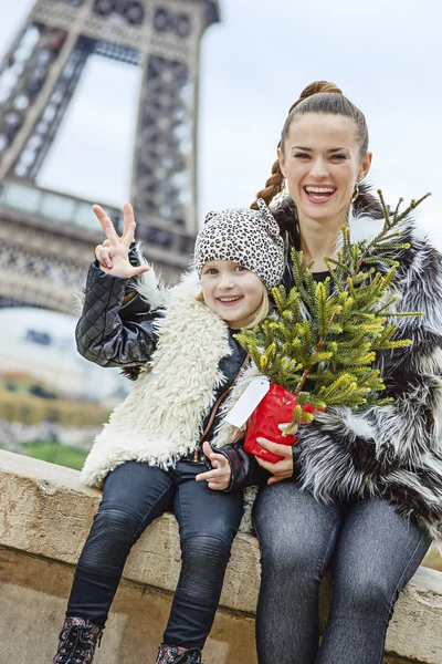happy mother and child with Christmas tree in Paris, France
