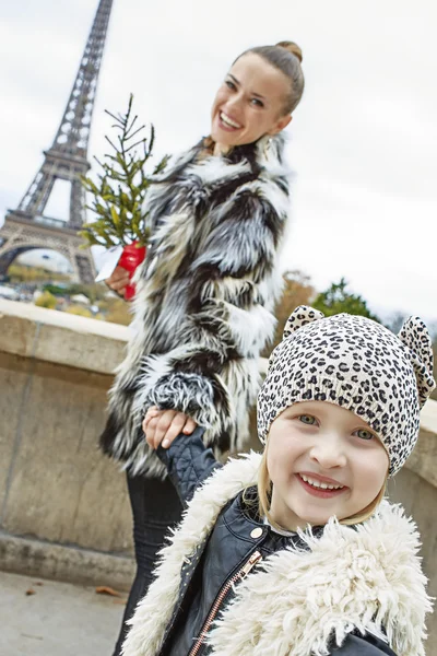 Mor og barn med juletræ i Paris have det sjovt tid - Stock-foto