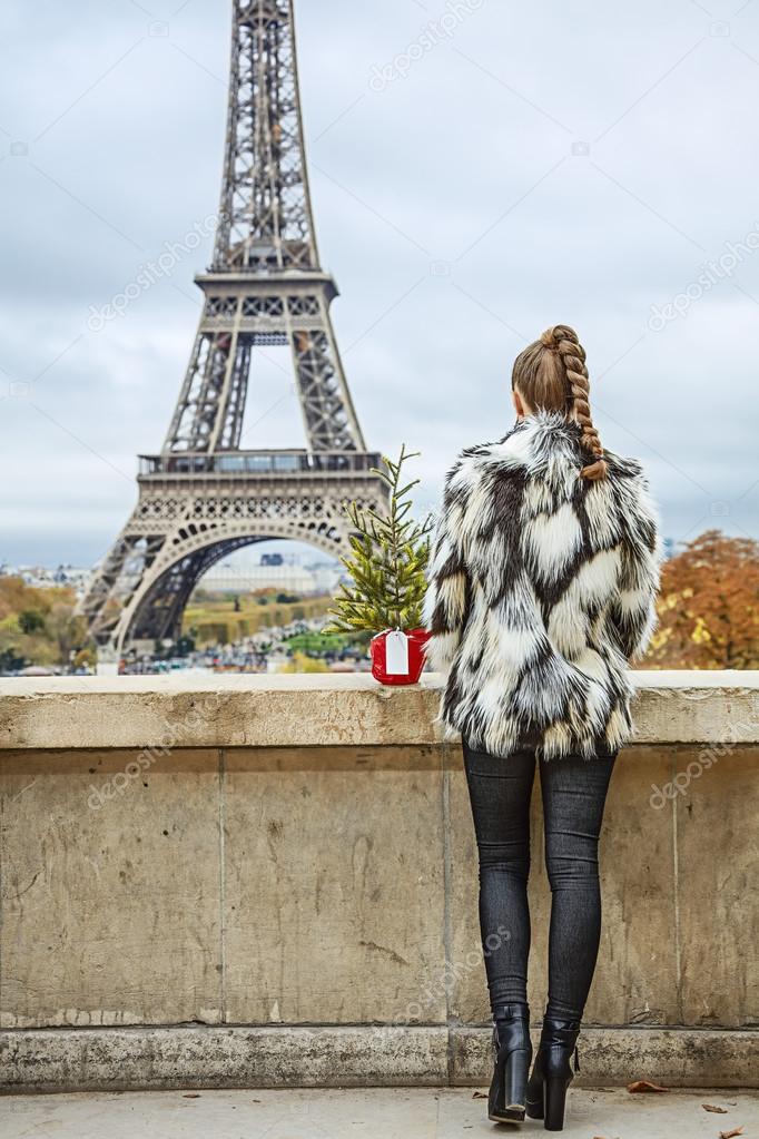 woman with Christmas tree in front of Eiffel tower in Paris