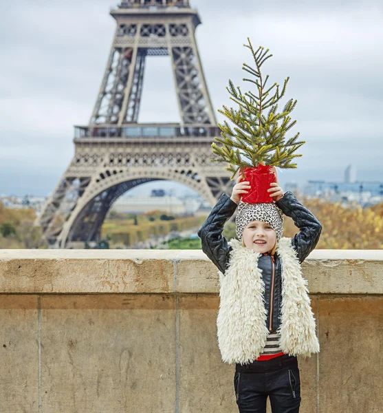 Child in front of Eiffel tower holding Christmas tree on head — Stockfoto