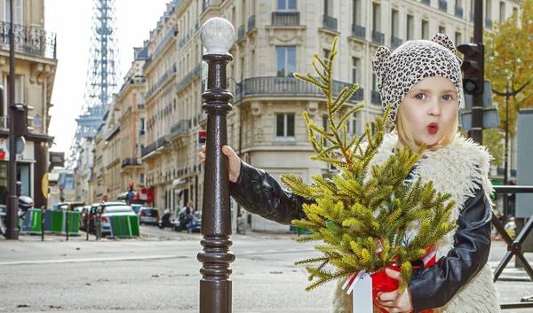 Niño divertido moderno con árbol de Navidad en París, Francia —  Fotos de Stock