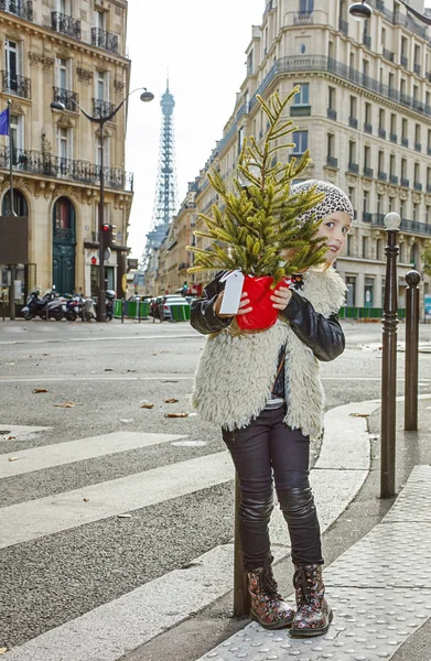 Fille à la mode à Paris, France avec vue sur le sapin de Noël — Photo