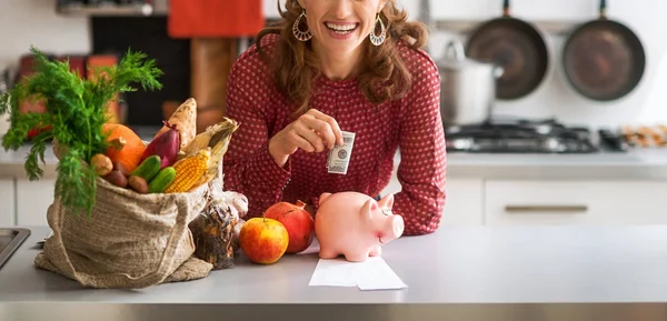 Closeup on happy young housewife putting money into piggy bank — Stock Photo, Image