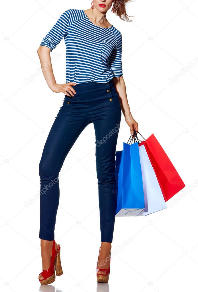Shopping. The French way. Closeup on stylish fashion-monger with shopping bags of the colours of the French flag standing isolated on white background