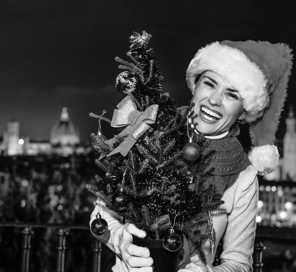旅行充满灵感在圣诞节的时候在佛罗伦萨 佛罗伦萨 意大利与圣诞树圣诞帽子微笑的年轻女子的画像 — 图库照片