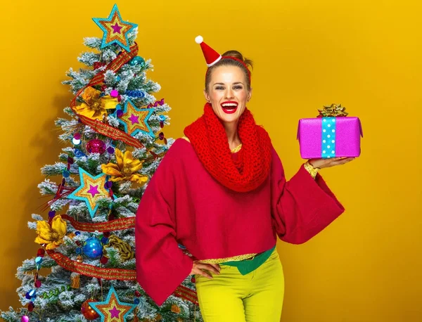 Festive Season Smiling Stylish Woman Colorful Clothes Christmas Tree Isolated — Stock Photo, Image