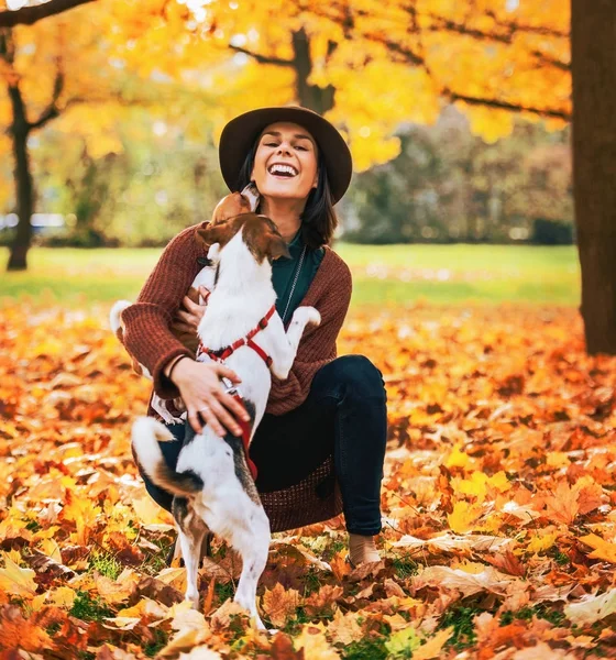 Jovem Feliz Brincando Com Cão Livre Outono — Fotografia de Stock