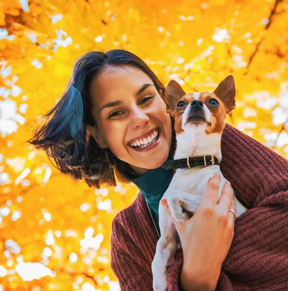 Retrato Mujer Joven Feliz Con Perro Aire Libre Otoño —  Fotos de Stock