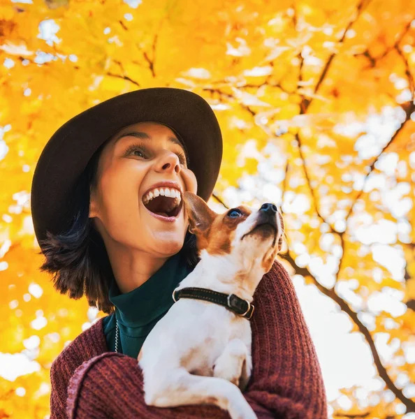 Retrato Jovem Mulher Feliz Com Cão Livre Outono Olhando Para — Fotografia de Stock