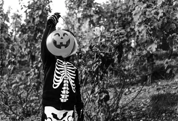 Pořád Samý Dítě Nosit Skeleton Kostým Halloween Venku Ukazuje Dýně — Stock fotografie