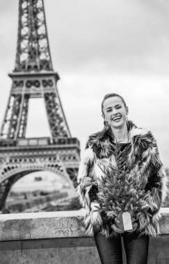 Kürk manto Paris, Fransa'da Eyfel Kulesi önünde Noel ağacı ile mutlu son moda kadın portresi