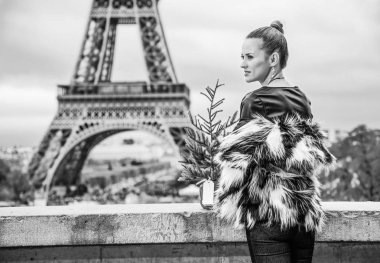 Paris, Fransa mesafe içine bakarak kürk paltolu Noel ağacı ile modern moda sökücü