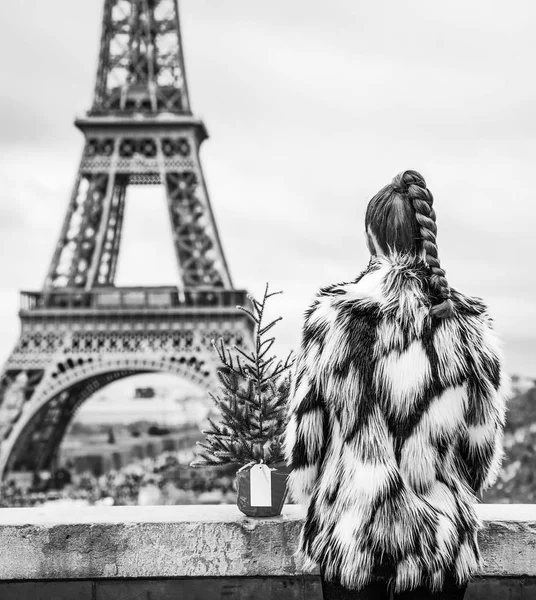 Modern Moda Satıcı Ile Noel Ağacı Paris Fransa Eyfel Kulesi — Stok fotoğraf