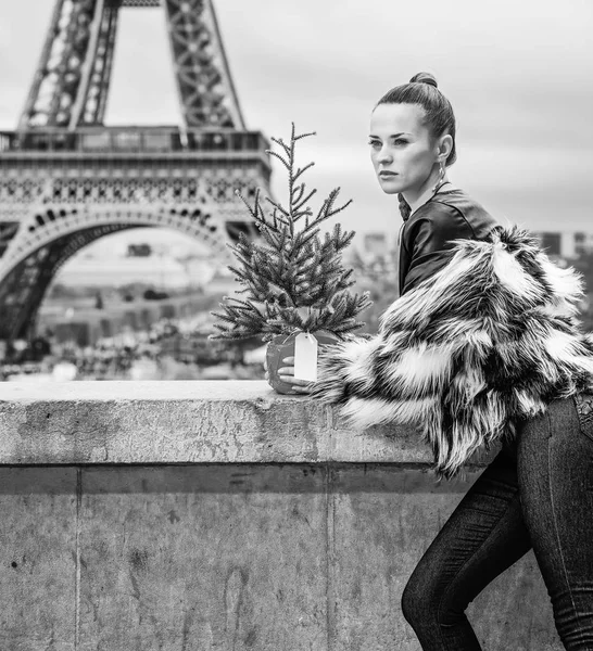 Модная Женщина Рождественской Елкой Шубе Против Эйфелевой Башни Париже Франция — стоковое фото
