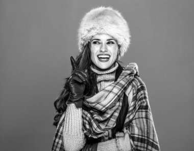 Kış şeyler. Gülümseyen kürk şapka içinde zarif kadın portresi fikrim var.