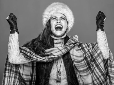 Kış şeyler. Kürk şapka içinde gülümseyen modern kadın portresi 