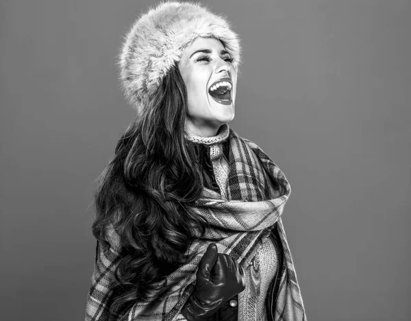 Kış şeyler. Kürk şapka mutlu zarif kadın portresi 