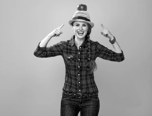 Portrait Happy Young Woman Grower Checkered Shirt Pointing Apple Head — Stock Photo, Image