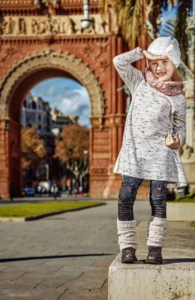 Full Length Portrait Happy Trendy Girl Arc Triomf Barcelona Spain — Stock Photo, Image