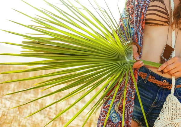 Vacaciones Ambiente Bohemio Primer Plano Sobre Hoja Tropical Verde Grande — Foto de Stock