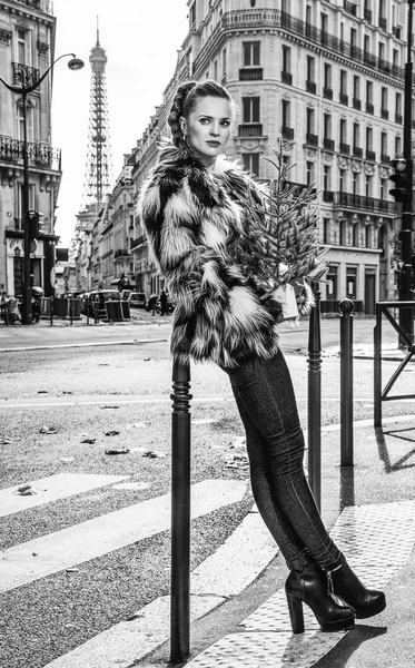 Ritratto Fashion Monger Moderno Rilassato Con Albero Natale Parigi Francia — Foto Stock