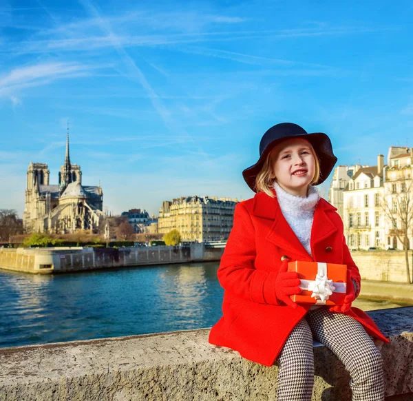 Bright Paris Portrait Stylish Girl Red Coat Embankment Notre Dame — Stock Photo, Image