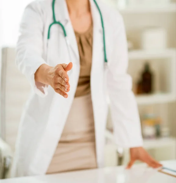 Closeup Smiling Medical Doctor Woman Office Stretching Hand Handshake — Stock Photo, Image