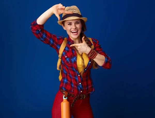 Happy Fit Woman Hiker Backpack Hands Framing — Stock Photo, Image