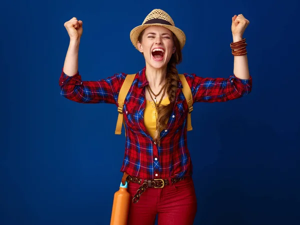 Smiling Healthy Traveler Woman Plaid Shirt Rejoicing — Stock Photo, Image